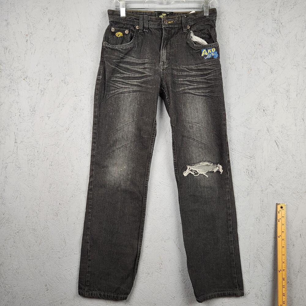 Akademiks Jeans Boys 18 Black Gray Distressed Straight AKDMKS Patch Y2k Grunge